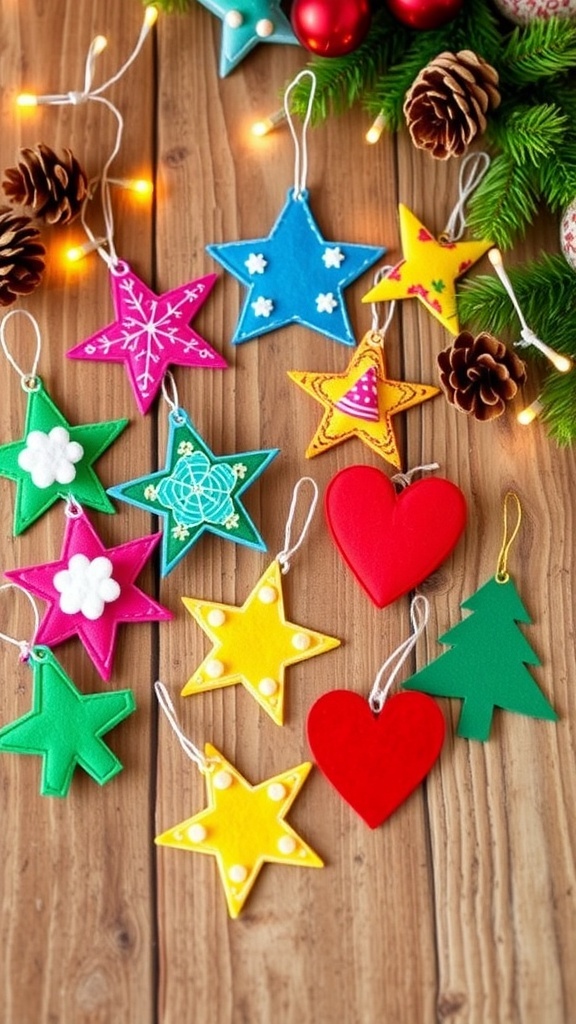 Colorful DIY Christmas ornaments on a wooden table with festive decorations.